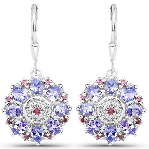 2.90 Carat Genuine Tanzanite, Rhodolite & White Topaz .925 Sterling Silver Earrings