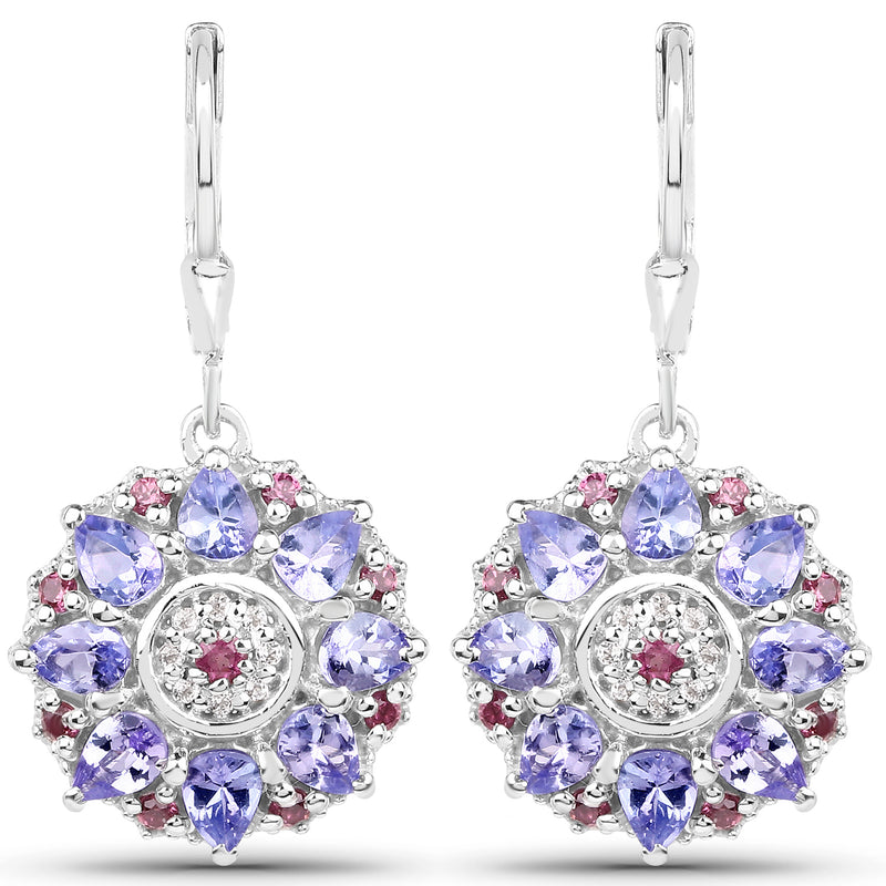 2.90 Carat Genuine Tanzanite, Rhodolite & White Topaz .925 Sterling Silver Earrings