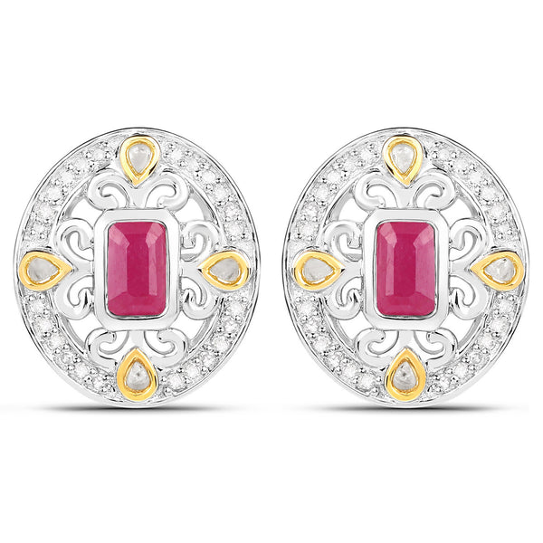 0.77 Carat Genuine Ruby and White Diamond .925 Sterling Silver Earrings