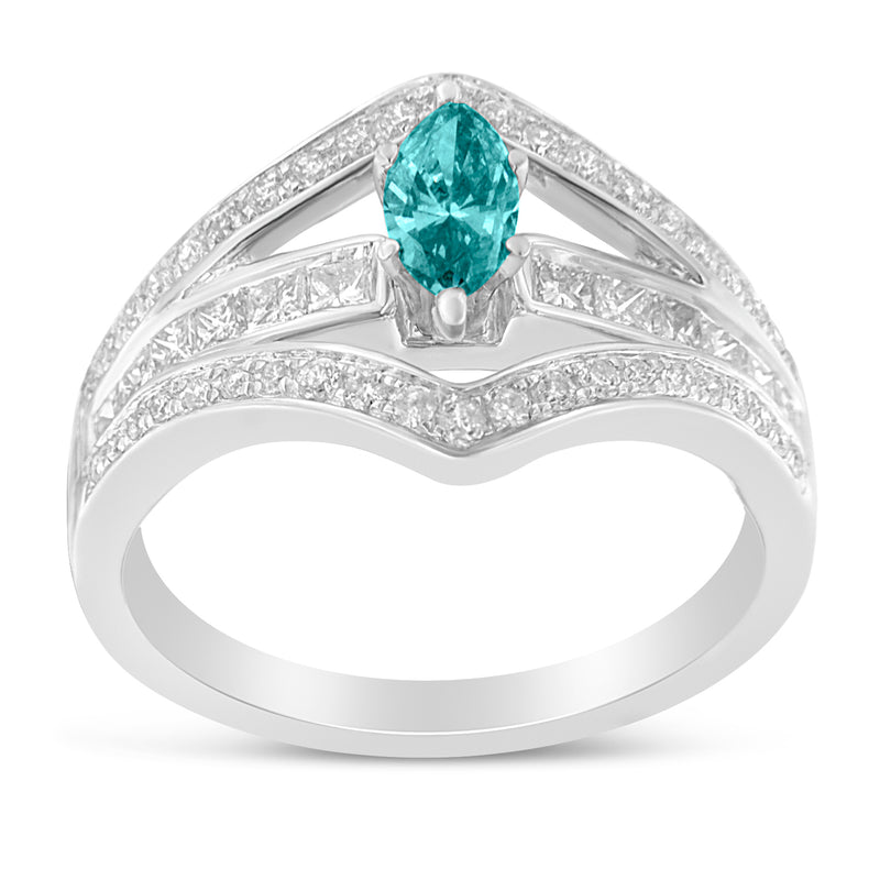 14k White Gold 1ct TDW Treated Blue Marquise Round and Princess Diamond Fashion Ring(H-I SI1-SI2)