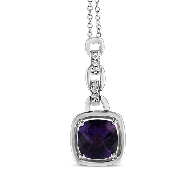 .925 Sterling Silver 6x6MM Cushion Shaped Natural Purple Amethyst and Diamond Accented Bale 18" Inch Pendant Necklace (I-J Color, I1-I2 Clarity)