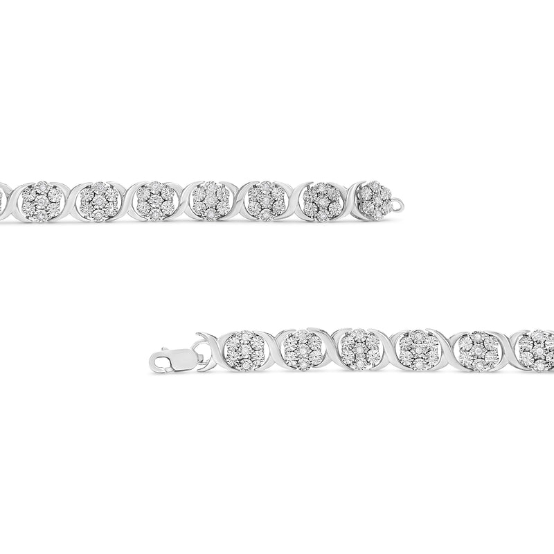 .925 Sterling Silver 1/2 Cttw Diamond 7 Stone Floral Cluster Link Bracelet (I-J Color, I2-I3 Clarity) - 7.25" Inches