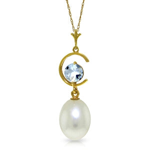 4.5 Carat 14K Solid Yellow Gold Necklace Natural Pearl Aquamarine