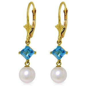 5 Carat 14K Solid Yellow Gold Resolution Blue Topaz Pearl Earrings