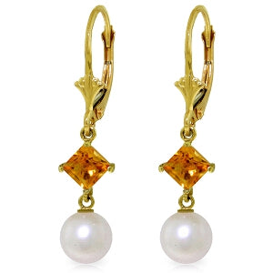 5 Carat 14K Solid Yellow Gold Resolution Citrine Pearl Earrings