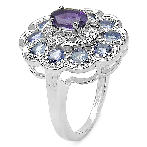 1.87 Carat Genuine Amethyst, Tanzanite & White Topaz .925 Sterling Silver Ring