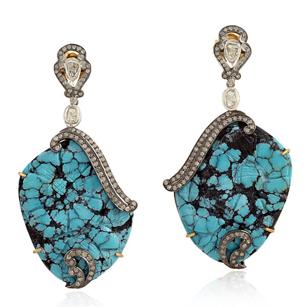 Prong Set Turquoise Gemstone Oxidized Drop/Dangle Earrings Diamond 925 Silver