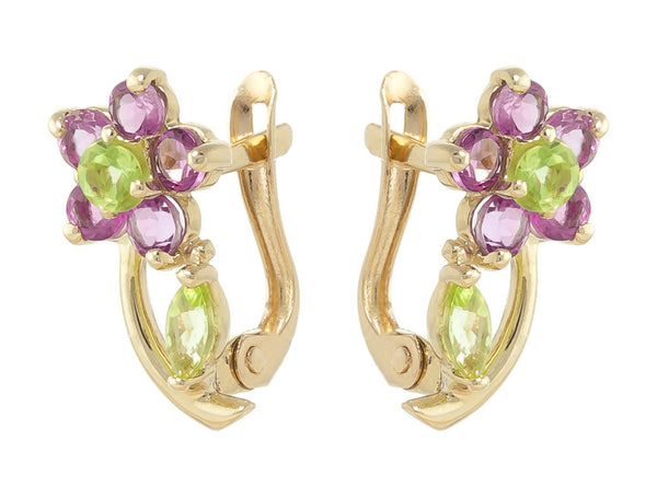 1.72 Carat 14K Solid Yellow Gold Flora Amethyst Peridot Clip Earrings