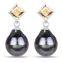 2.00 Carat Genuine Citrine and Tahitian Cultured Pearl .925 Sterling Silver Earrings