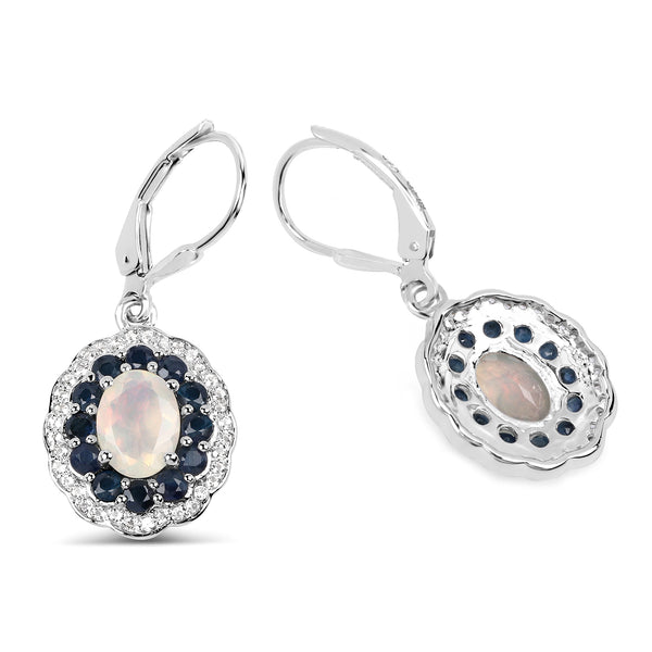 2.80 Carat Genuine Ethiopian Opal, Blue Sapphire and White Topaz .925 Sterling Silver Earrings