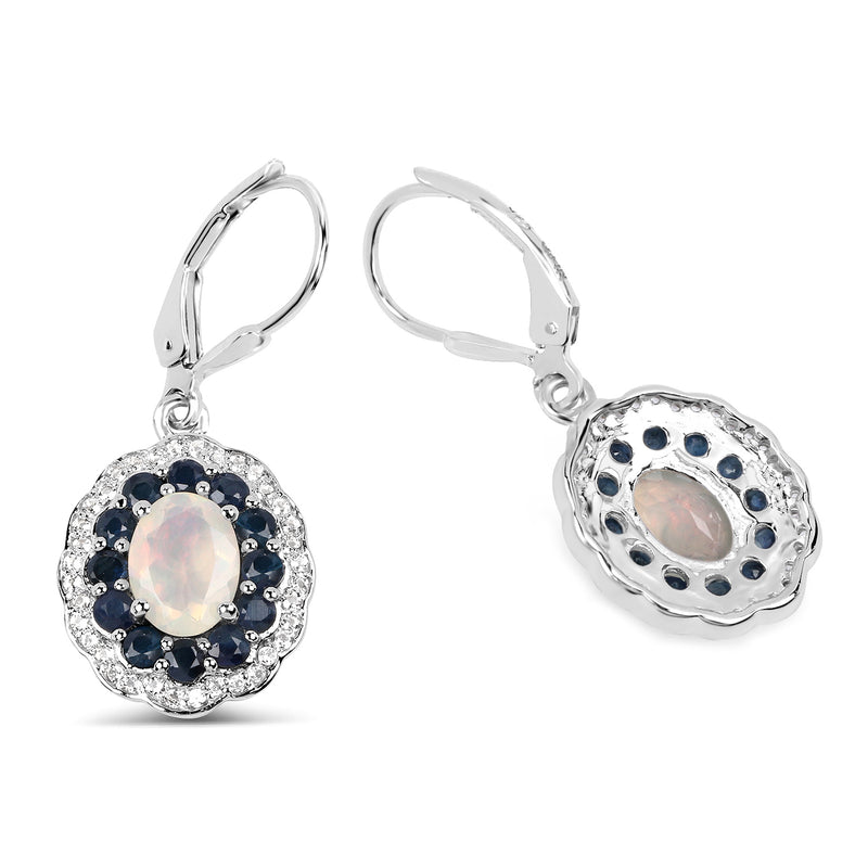 2.80 Carat Genuine Ethiopian Opal, Blue Sapphire and White Topaz .925 Sterling Silver Earrings