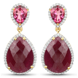 18K Yellow Gold Plated 19.34 Carat Genuine Ruby, Pink Topaz and White Topaz .925 Sterling Silver Earrings