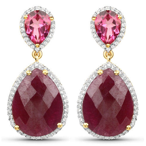 18K Yellow Gold Plated 19.34 Carat Genuine Ruby, Pink Topaz and White Topaz .925 Sterling Silver Earrings