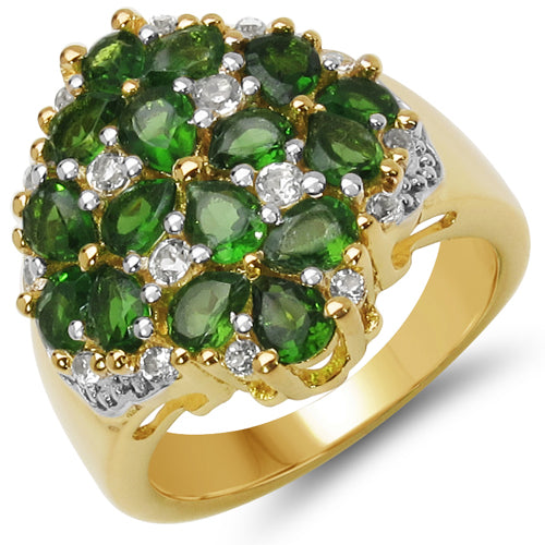 18K Yellow Gold Plated 2.80 Carat Genuine Chrome Diopside & White Topaz .925 Sterling Silver Ring