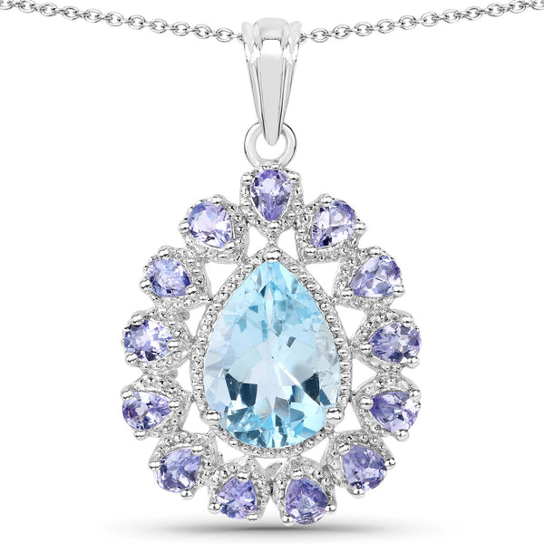 7.12 Carat Genuine Blue Topaz and Tanzanite .925 Sterling Silver Pendant