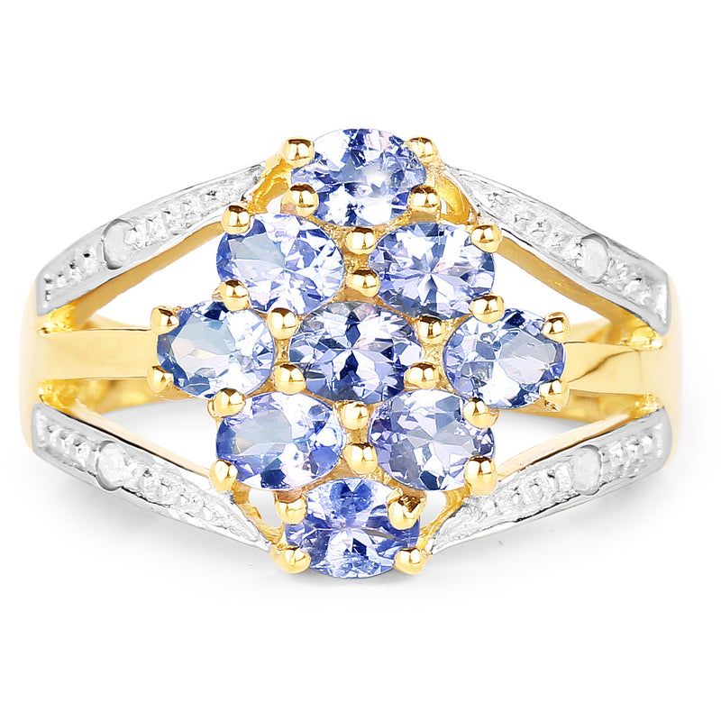 14K Yellow Gold Plated 1.59 Carat Genuine Tanzanite and White Topaz .925 Sterling Silver Ring