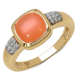 14K Yellow Gold Plated 2.10 Carat Genuine Moonstone & White Diamond .925 Sterling Silver Ring