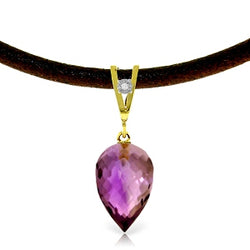 9.51 Carat 14K Solid Yellow Gold Leather Necklace Diamond Amethyst