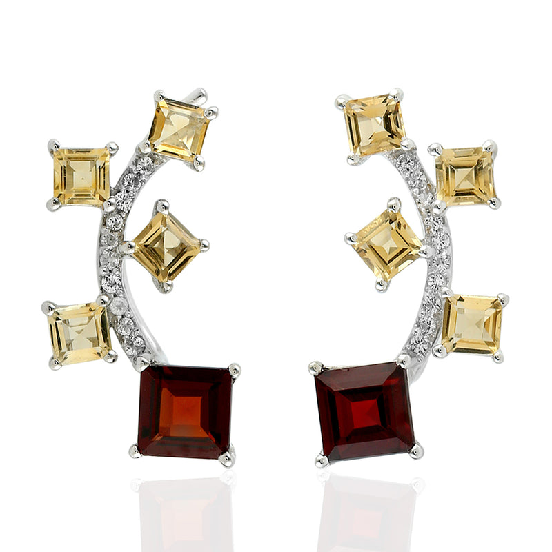 Red Garnet Citrine Gemstone Ear Climbers Sterling Silver Fashion Jewelry