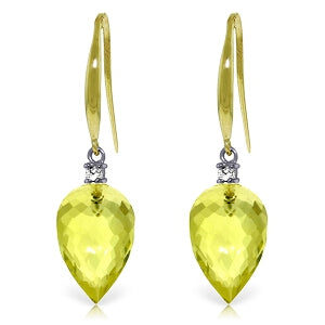 18.1 Carat 14K Solid Yellow Gold Fish Hook Earrings Diamond Lemon Quartz