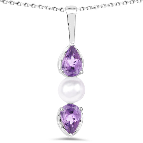 1.34 Carat Genuine Amethyst and Pearl .925 Sterling Silver Pendant