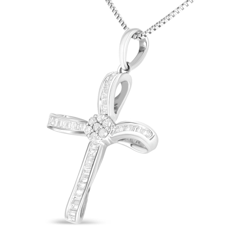 .925 Sterling Silver 1/4 Cttw Diamond Floral Cluster Cross Pendant Necklace (I-J Color, I2-I3 Clarity)