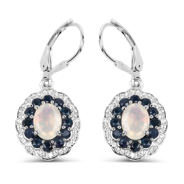 2.80 Carat Genuine Ethiopian Opal, Blue Sapphire and White Topaz .925 Sterling Silver Earrings