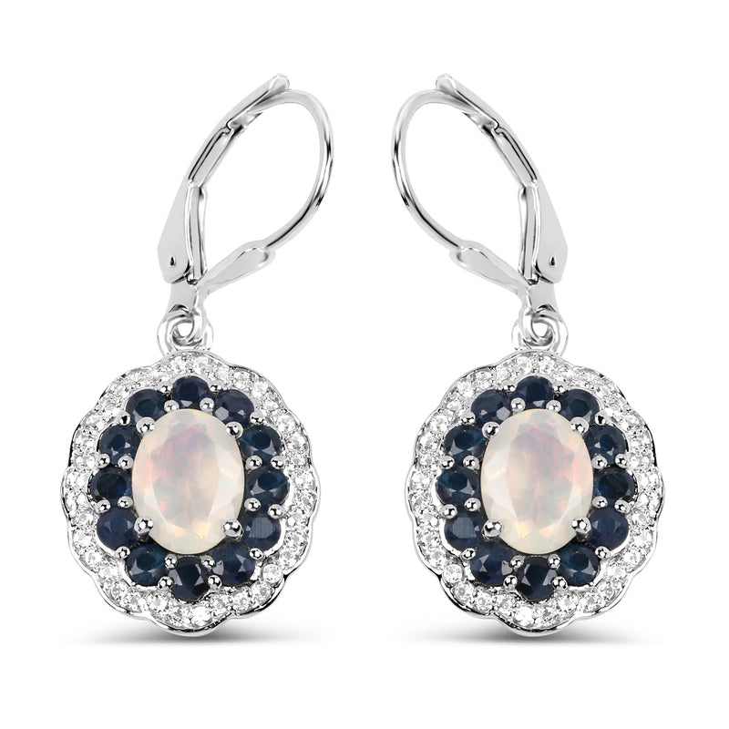 2.80 Carat Genuine Ethiopian Opal, Blue Sapphire and White Topaz .925 Sterling Silver Earrings