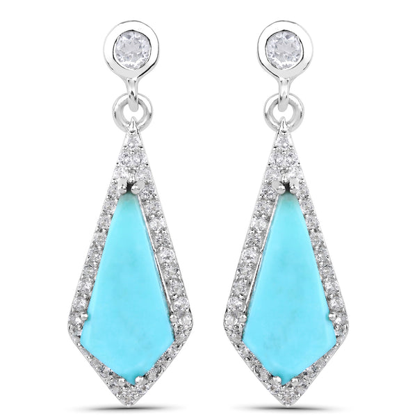 3.15 Carat Genuine Turquoise and White Topaz .925 Sterling Silver Earrings