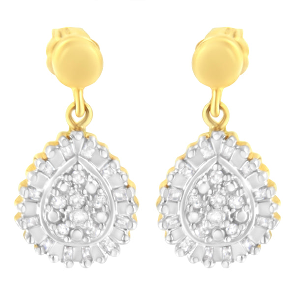 10K Yellow Gold 1/4 Cttw Round and Baguette-Cut Diamond Cluster Drop and Dangle Stud Earrings (I-J Color, I2-I3 Clarity)