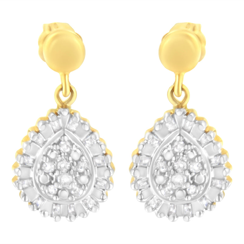 10K Yellow Gold 1/4 Cttw Round and Baguette-Cut Diamond Cluster Drop and Dangle Stud Earrings (I-J Color, I2-I3 Clarity)