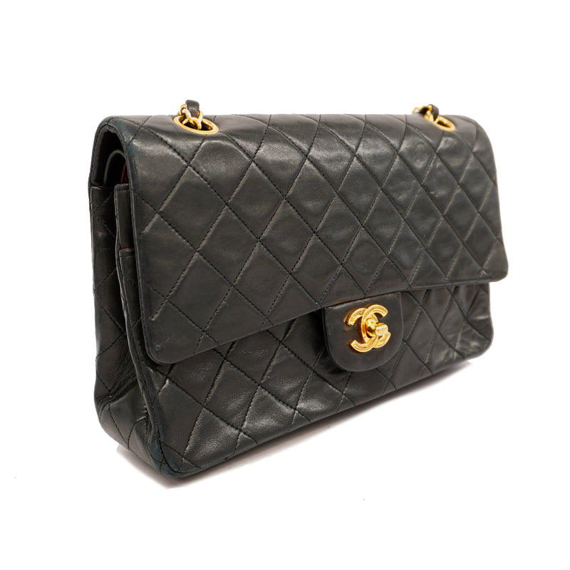 Auth Chanel Matelasse W Flap W Chain Womens Leather Shoulder Bag Black
