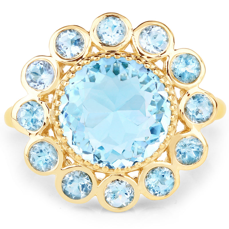 14K Yellow Gold Plated 6.59 Carat Genuine Blue Topaz .925 Sterling Silver Ring