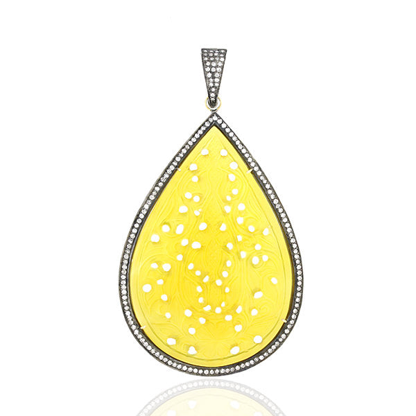 Pear Cut Carved Yellow Agate Pendant 18k Gold Silver Diamond Jewelry Gift