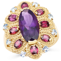 14K Yellow Gold Plated 6.80 Carat Genuine Amethyst, Rhodolite & Blue Topaz .925 Sterling Silver Ring
