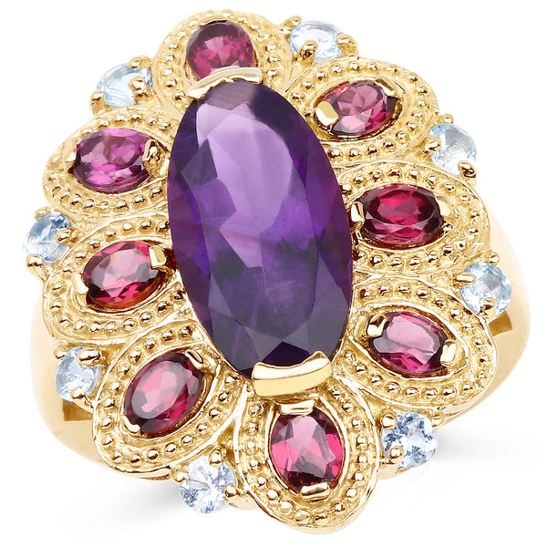 14K Yellow Gold Plated 6.80 Carat Genuine Amethyst, Rhodolite & Blue Topaz .925 Sterling Silver Ring
