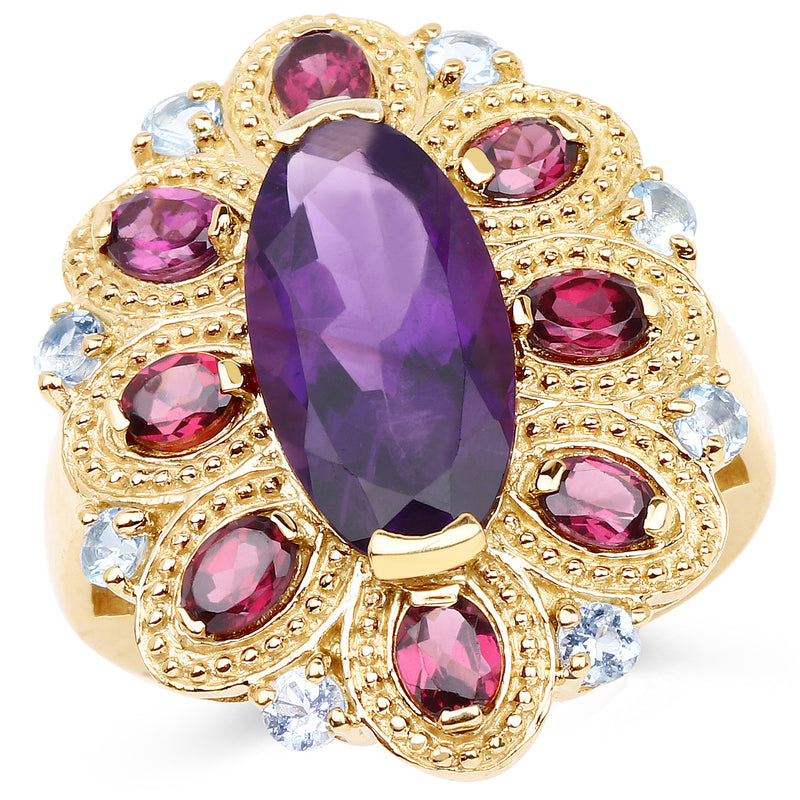 14K Yellow Gold Plated 6.80 Carat Genuine Amethyst, Rhodolite & Blue Topaz .925 Sterling Silver Ring