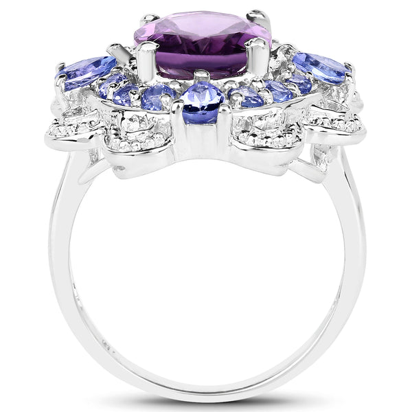 3.13 Carat Genuine Amethyst and Tanzanite .925 Sterling Silver Ring