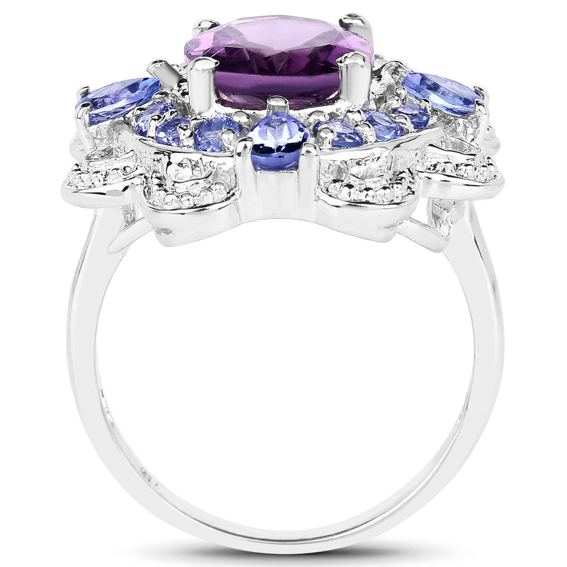 3.13 Carat Genuine Amethyst and Tanzanite .925 Sterling Silver Ring