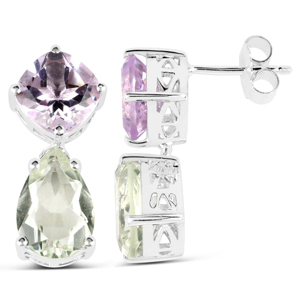 9.00 Carat Genuine Green Amethyst and Pink Amethyst .925 Sterling Silver Earrings