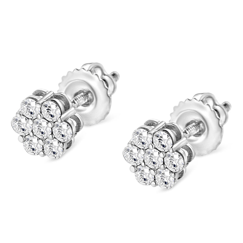 14K White Gold 1/3 Cttw Floral Cluster Diamond Stud Earrings with Screw backs (I-J Color, SI2-I1 Clarity)