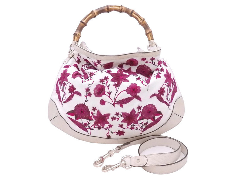 Gucci 2way Bag Bamboo Flora White Burgundy Canvas Leather Handbag Shoulder Ladies 171292