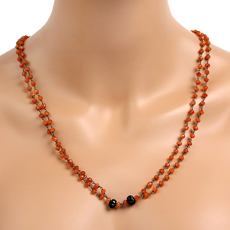 87ct Natural Carnelian Rope Necklace 925 Sterling Silver Onyx Diamond Jewelry