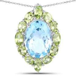 9.78 Carat Genuine Blue Topaz and Peridot .925 Sterling Silver Pendant