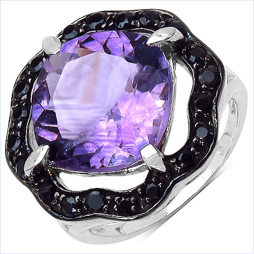 6.09 Carat Genuine Amethyst & Black Spinel .925 Sterling Silver Ring