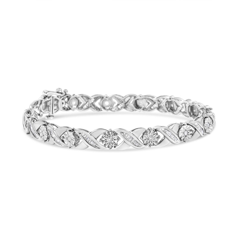 .925 Sterling Silver 1.0 Cttw Round-Brilliant and Baguette Cut Diamond Miracle-Set X-Link 7" Tennis Bracelet (I-J Color, I2-I3 Clarity)