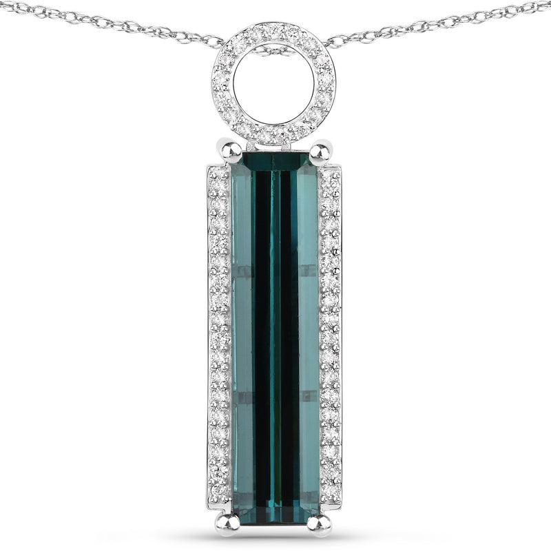 9.57 Carat Genuine Blue Tourmaline and White Diamond 14K White Gold Pendant