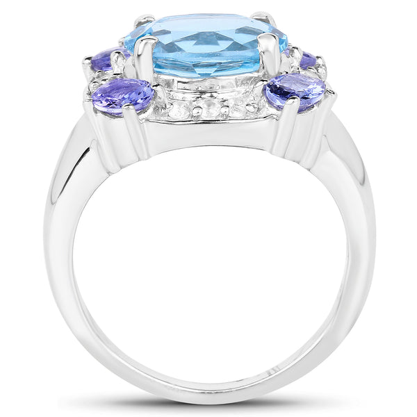 4.13 Carat Genuine Swiss Blue Topaz, Tanzanite & White Topaz .925 Sterling Silver Ring