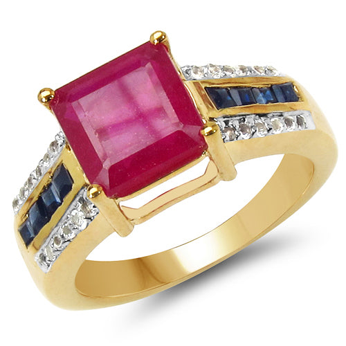 14K Yellow Gold Plated 3.83 Carat Genuine Glass Filled Ruby, Blue Sapphire & White Topaz .925 Sterling Silver Ring