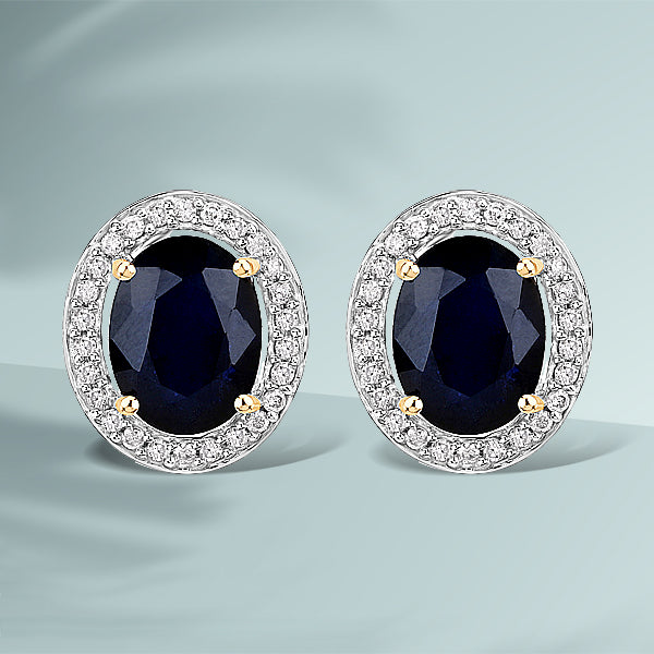 4.14 Carat Genuine Blue Sapphire and White Diamond 14K Yellow Gold Earrings